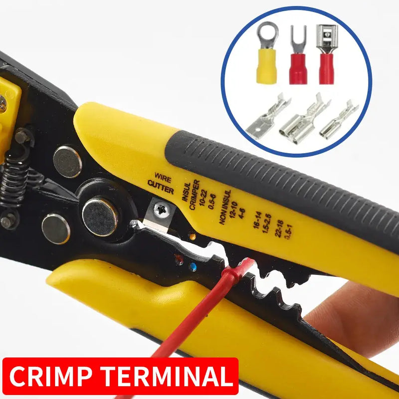 Wire stripper and crimping tool with yellow and black handles from Seven Floor DIY Supplies