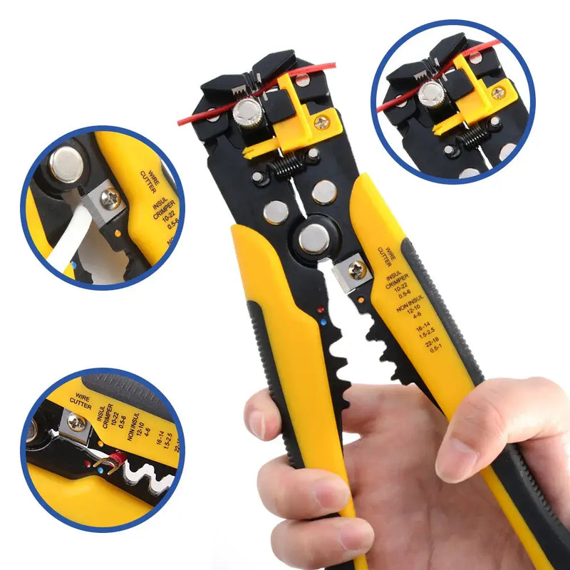 Wire stripping and cutting tool with yellow and black handles showcased in Seven Floor DIY Supplies