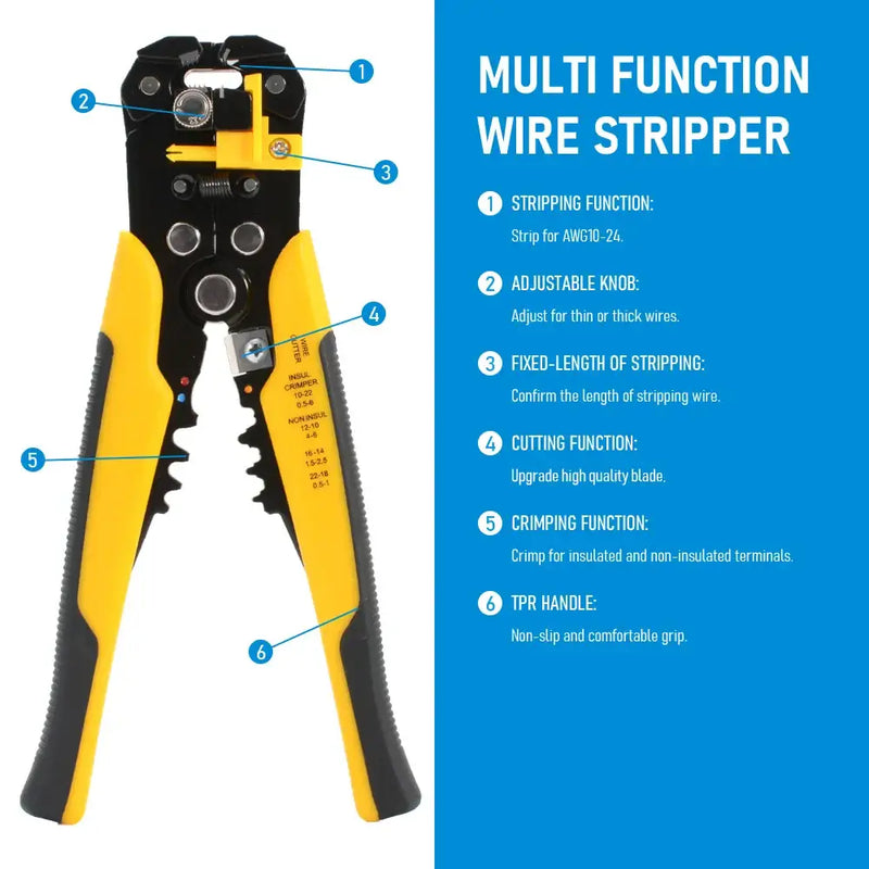 Multi-function wire stripper tool with yellow and black handles from Seven Floor DIY Supplies