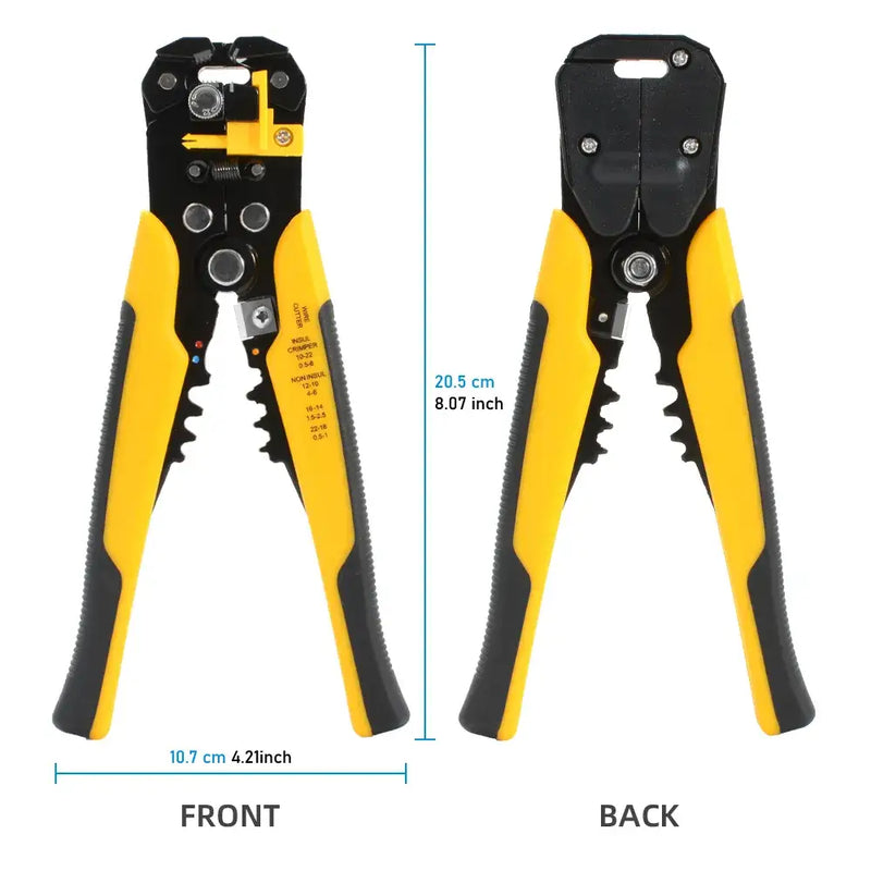 Wire stripping and crimping tool with yellow and black handles from Seven Floor DIY supplies