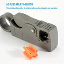 Adjustable V-block cable stripping tool with orange insert by Seven Floor Origin