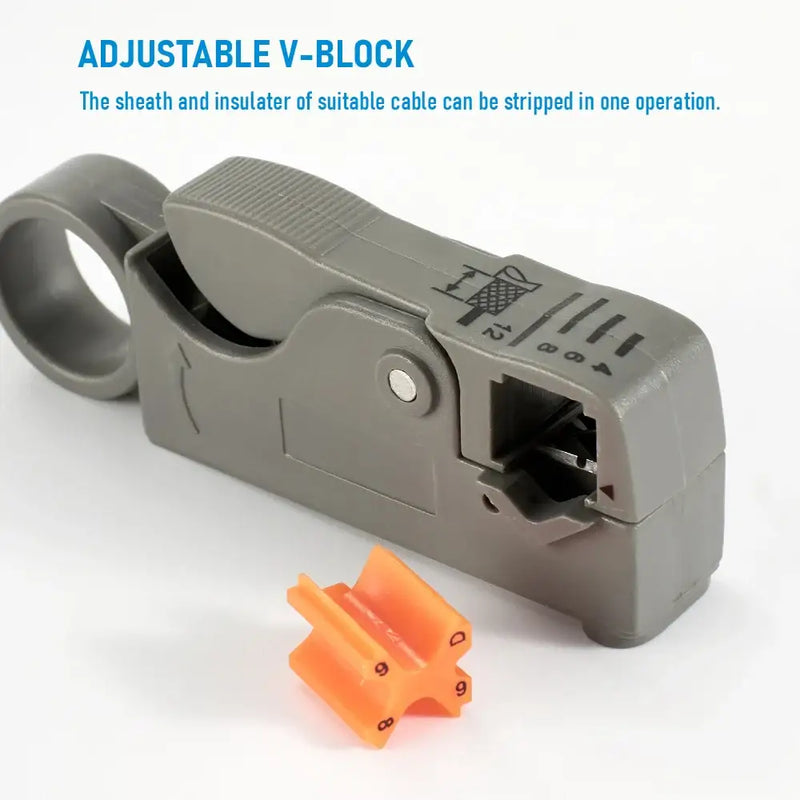 Adjustable V-block cable stripping tool with orange insert by Seven Floor Origin