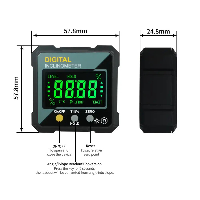 Digital inclinometer with green LCD displaying angles, featuring ROHS model number and Mainland China certification