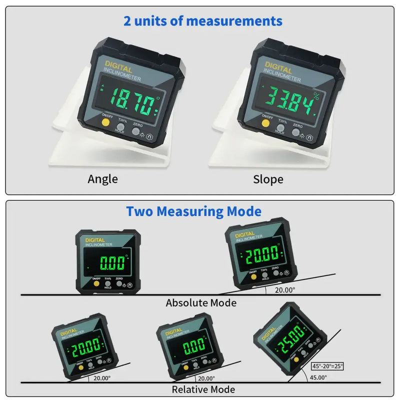 Digital angle and slope measurement devices with LCD displays, Degree Mini Electronic, RoHS Model Number