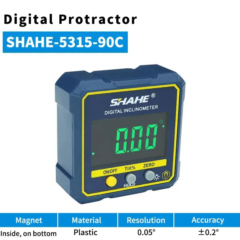 Digital protractor with blue casing and green LCD display, featuring ROHS model number