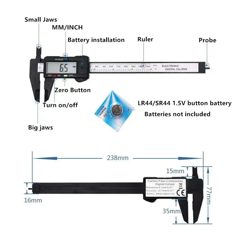 Digital caliper with labeled parts and dimensions for Shengmeiyu DIY Supplies, China measurement range