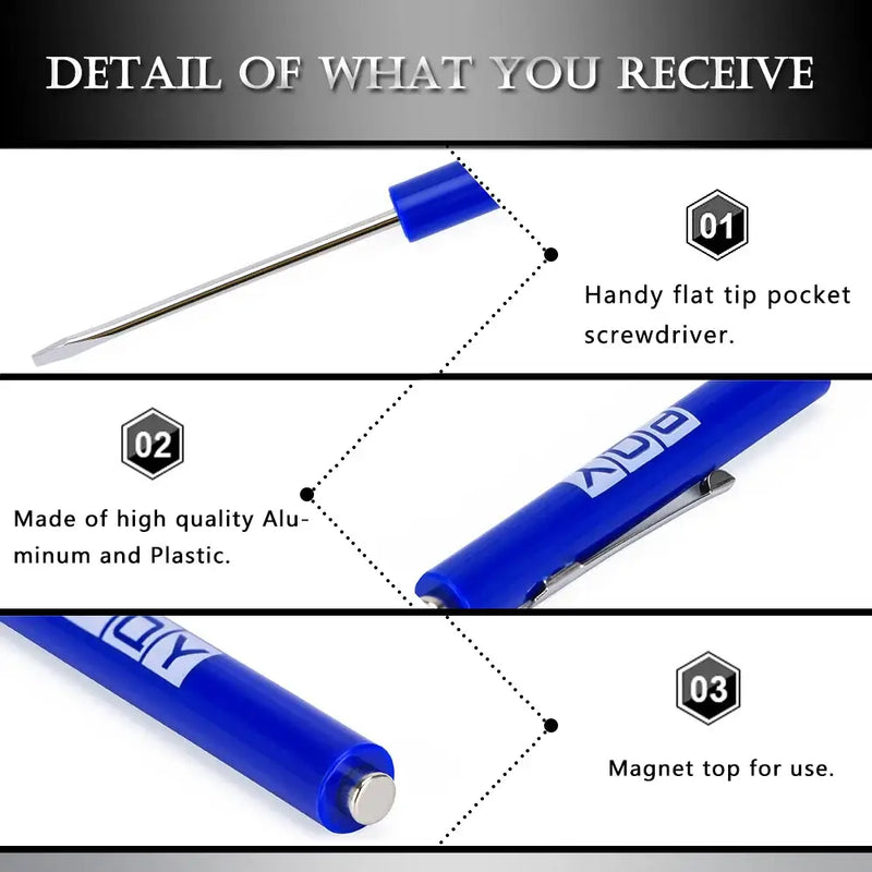 Blue-handled flat tip pocket screwdriver with magnetic tip from Slotted Head Magnetic Pry Bar Kit