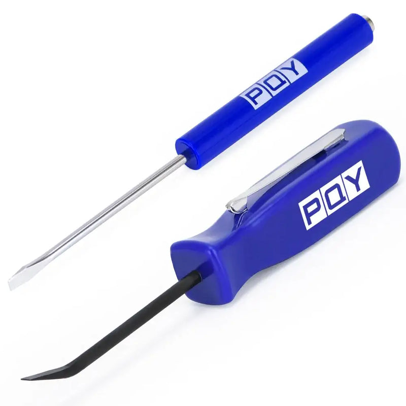 Two blue PQY branded slotted head magnetic screwdrivers from the Pry Bar Kit