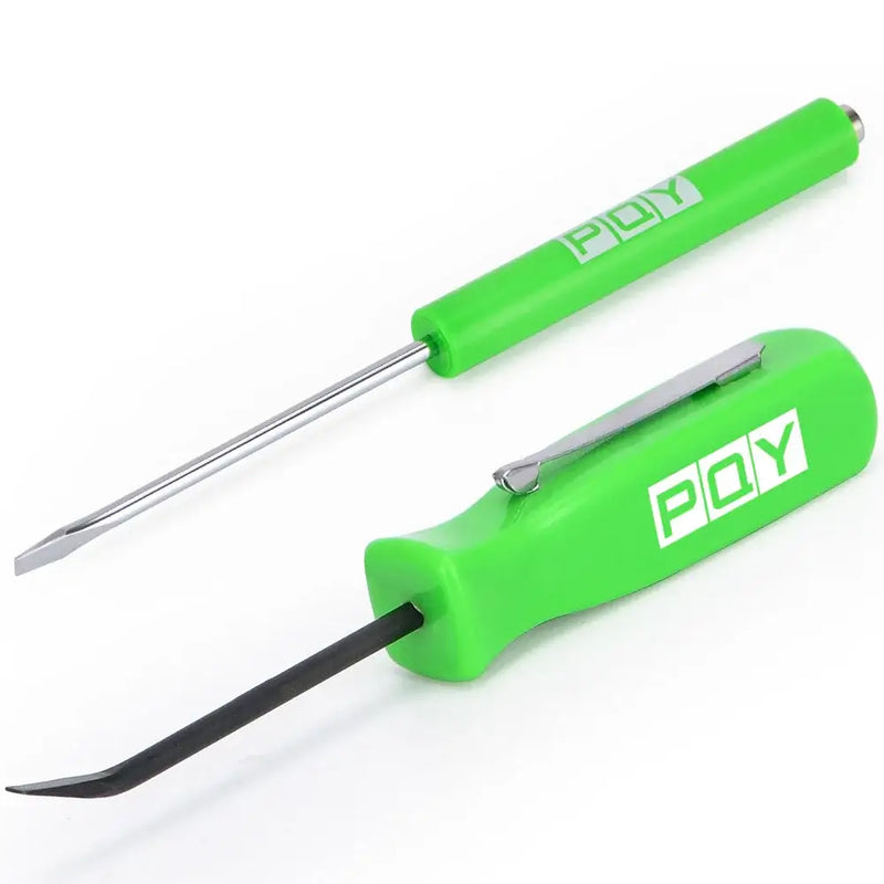 Bright green plastic-handled pry tools and slotted head magnetic screwdrivers in kit