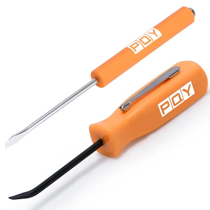 Two orange-handled PDY slotted head magnetic screwdrivers from Pry Bar Kit in Red, Green, Blue