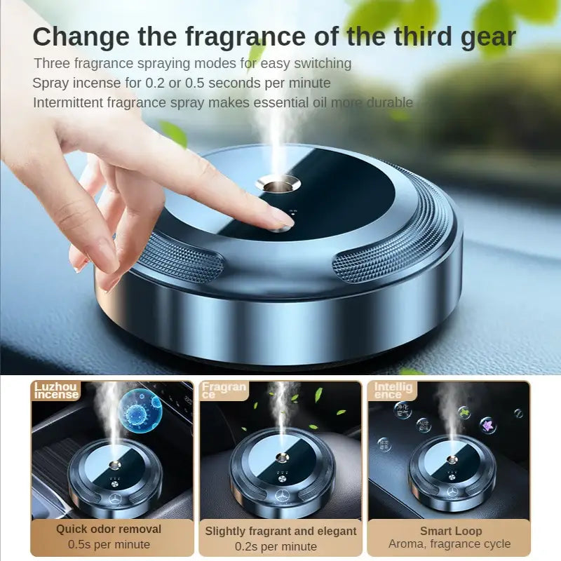 Circular metallic Smart Car Aroma Diffuser with adjustable settings for refreshing fragrance