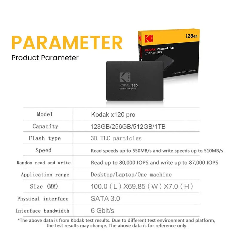 Solid-state drive specification sheet for Kodak x120 Pro model in industrial computers