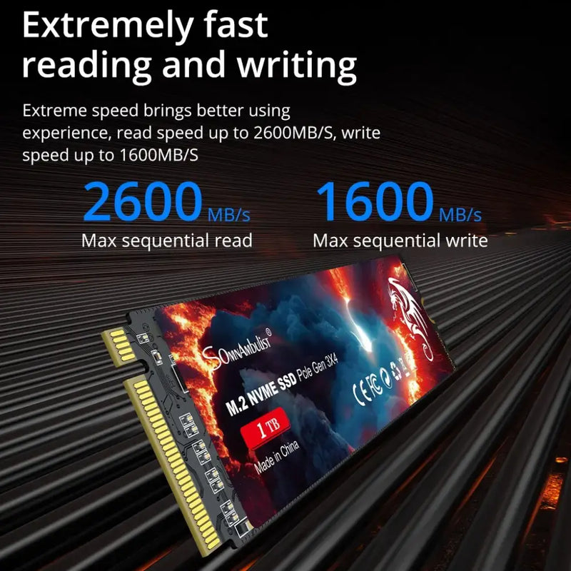 High-speed SomnAmbuList M.2 2280 SSD showcasing 4KB random read performance with vibrant graphics