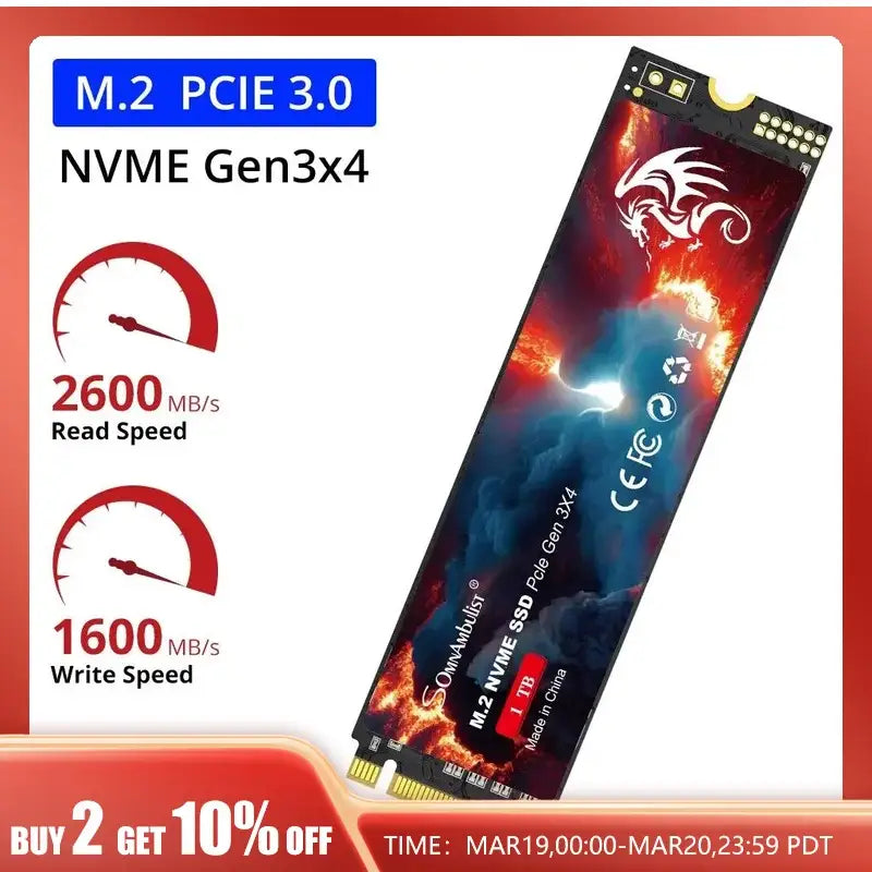 M.2 NVMe SSD with dragon design, featuring SomnAmbuList 4KB random read performance