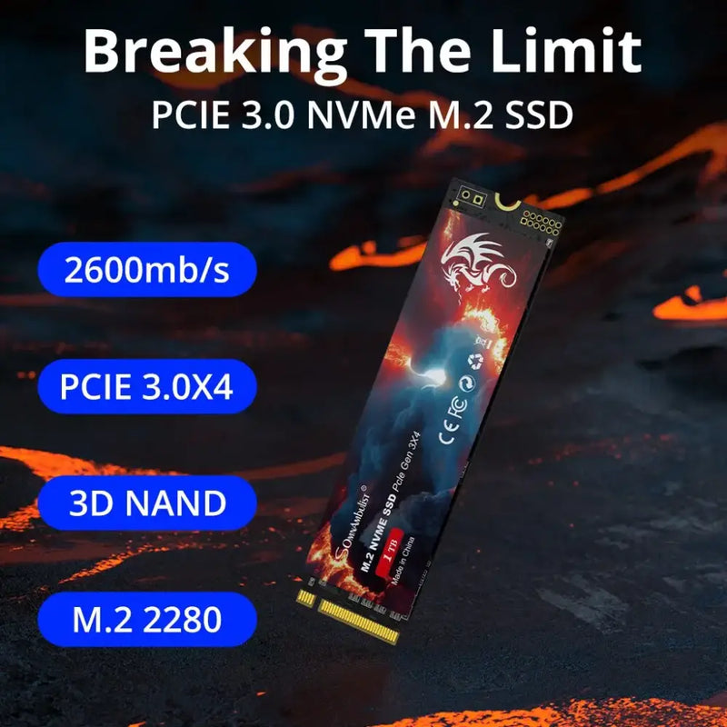 NVMe M.2 SSD SomnAmbuList with black and red design and 4KB random read performance 500 MB/S