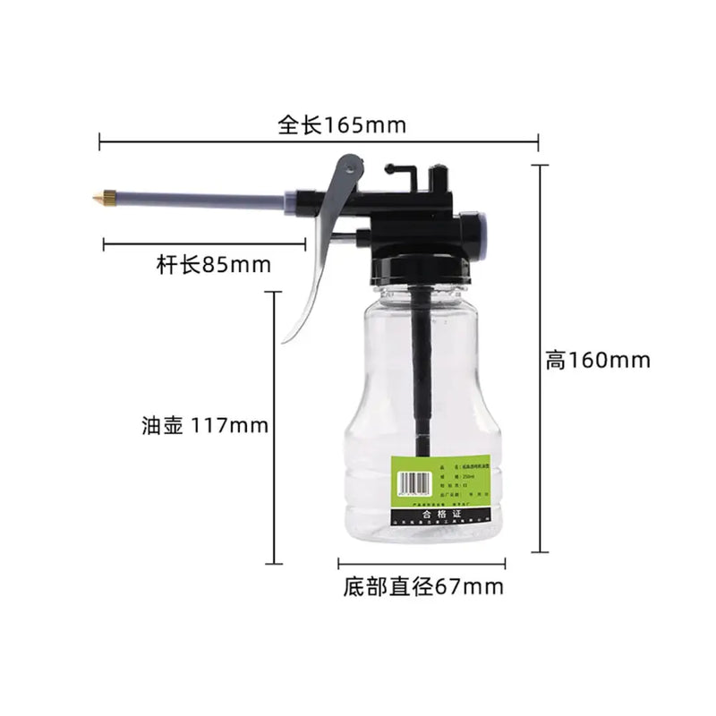 Transparent plastic spray bottle showcasing dimensions for SONONIA High Pressure Pump Oiler