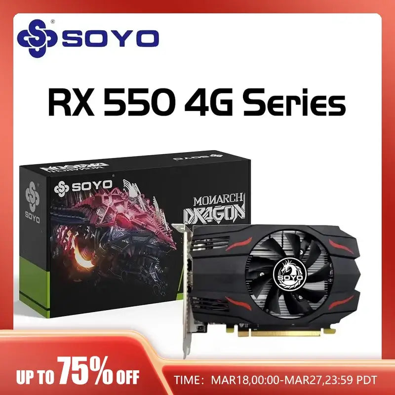 SOYO Graphics Card AMD GPU Radeon RX 550 4G Series with product packaging displayed