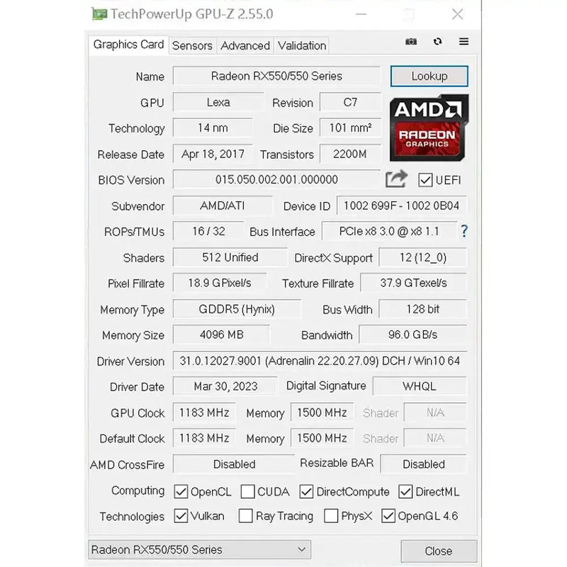 GPU information panel showcasing specifications for SOYO Graphics Card AMD Radeon RX 550