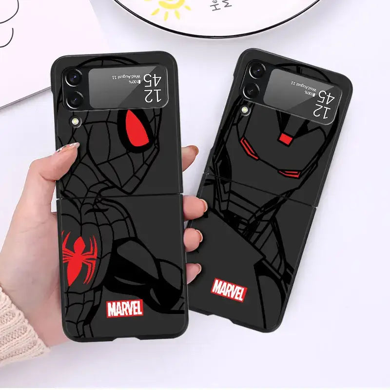 Marvel-themed smartphone cases with Spider Man and Iron Man designs for Samsung Galaxy Z Flip