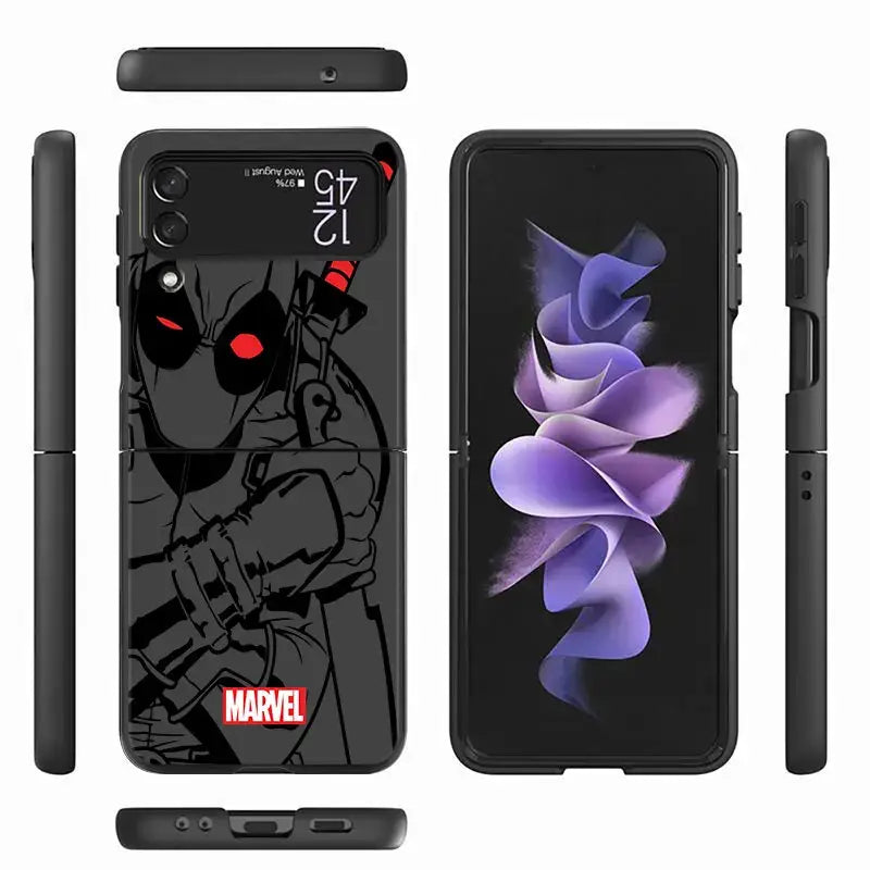 Smartphone case showcasing Deadpool and a purple flower, ideal for Spider Man fans