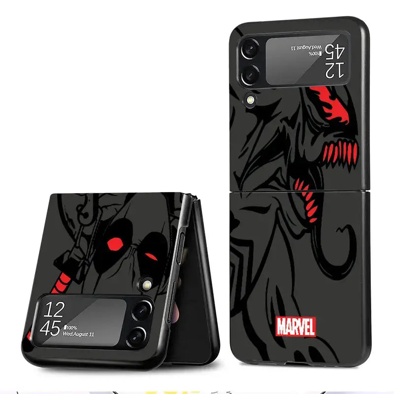 Foldable smartphone with Spider Man Iron Man Venom Art Case featuring dark design and red accents