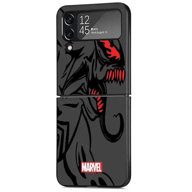 Smartphone case featuring Spider Man, Iron Man, and Venom character design in black and red