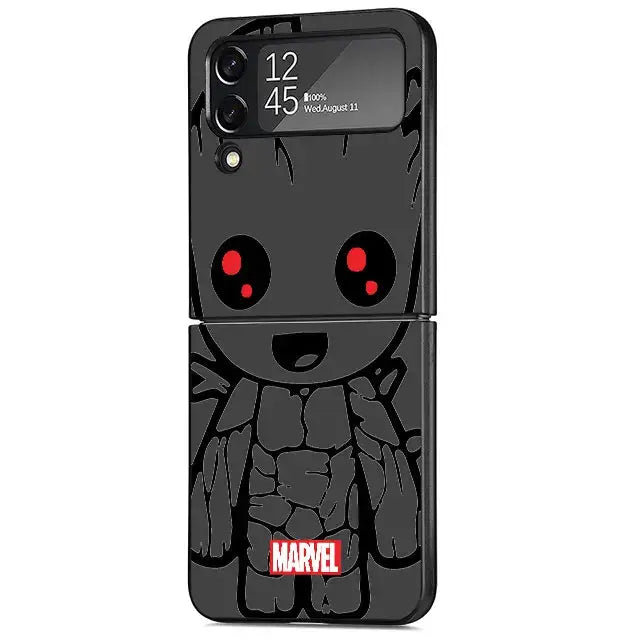 Stylized Spider Man Iron Man Venom Art Case featuring cartoonish Groot for Samsung Galaxy Z Flip