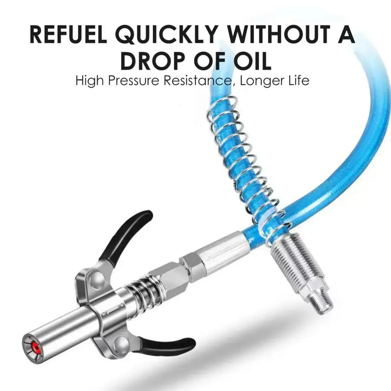 Fuel nozzle with blue coiled hose for Stainless Steel Grease Gun in car repair usage