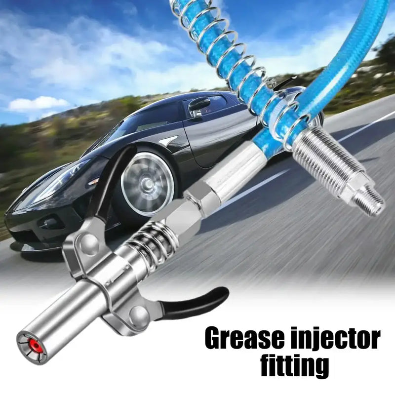 Grease injector fitting with metal body and blue spiral hose for stainless steel grease gun