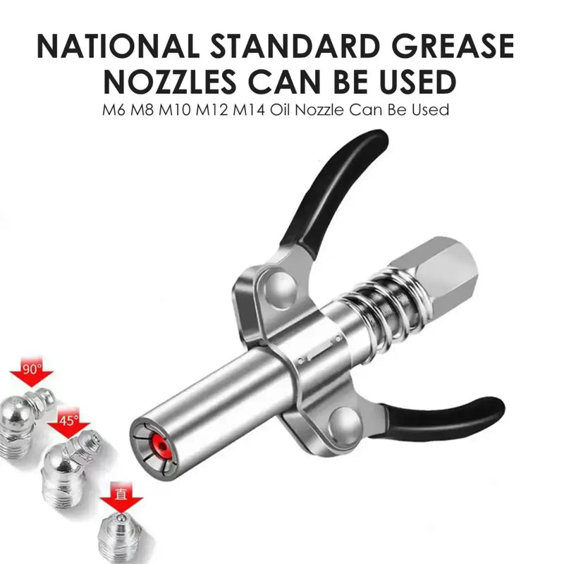 Metallic grease gun nozzle with a black handle for car repair in stainless steel design