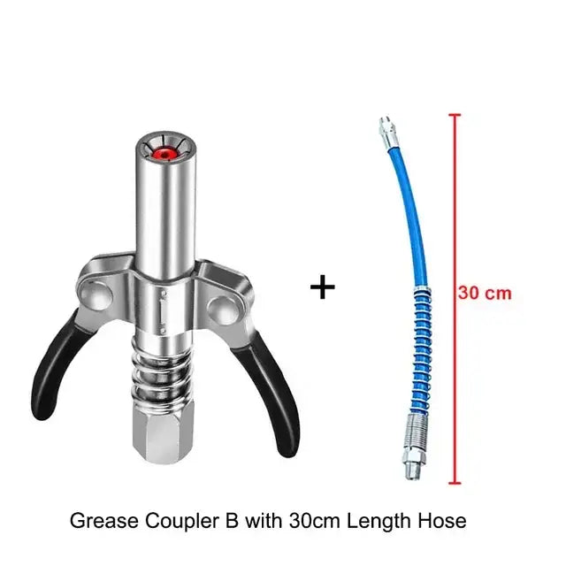 Stainless Steel Grease Gun with Three-Pronged Coupler and Blue Hose for Car Repair