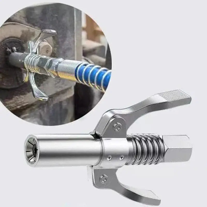 Metallic spring-loaded gripping tool for secure hose hold, designed for Stainless Steel Grease Gun