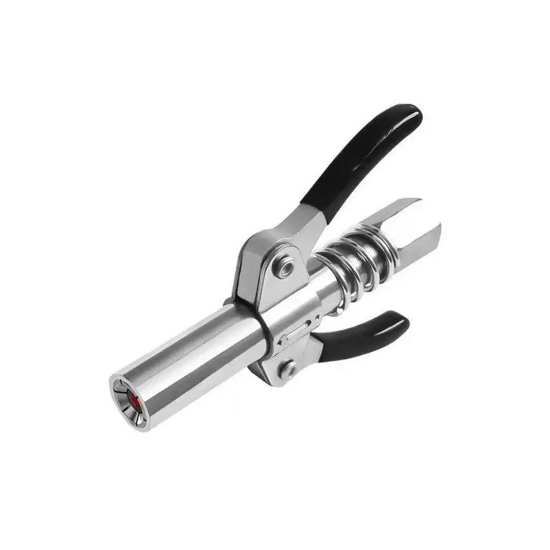 Stainless steel corkscrew lever mechanism for wine bottles alongside stainless steel grease gun