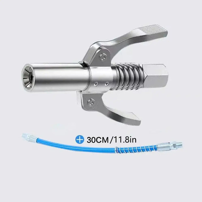 Metallic grease gun with spring-loaded nozzle in Stainless Steel Grease Gun design