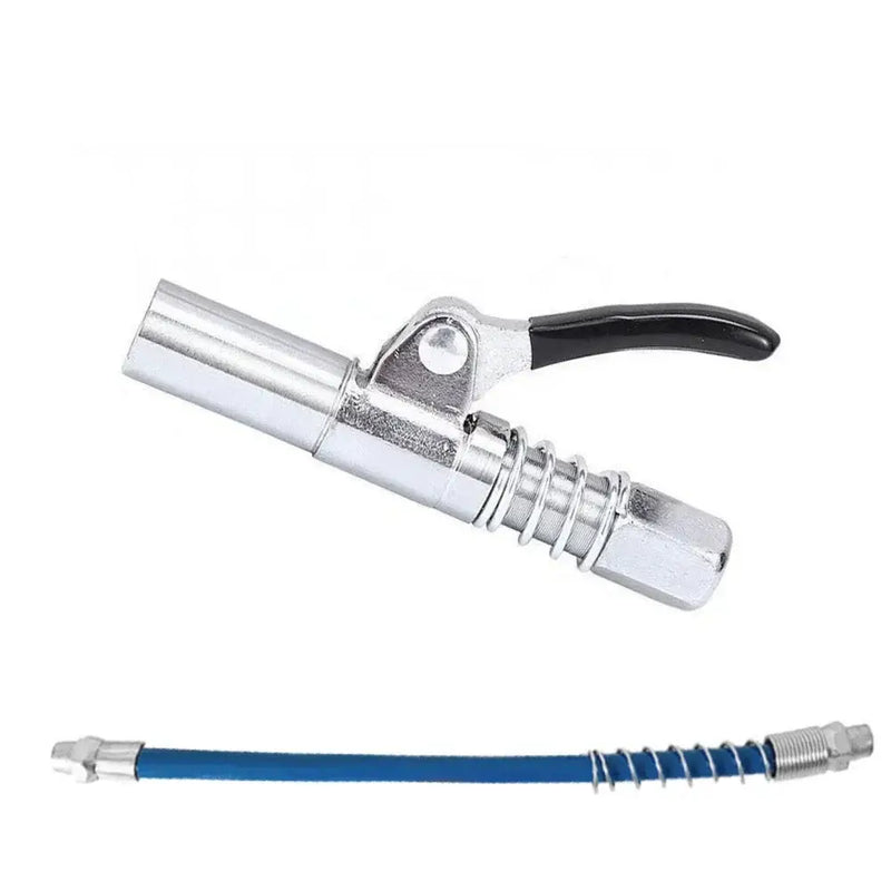 Stainless Steel Grease Gun featuring a flexible hose attachment and 10000 PSI pressure rating