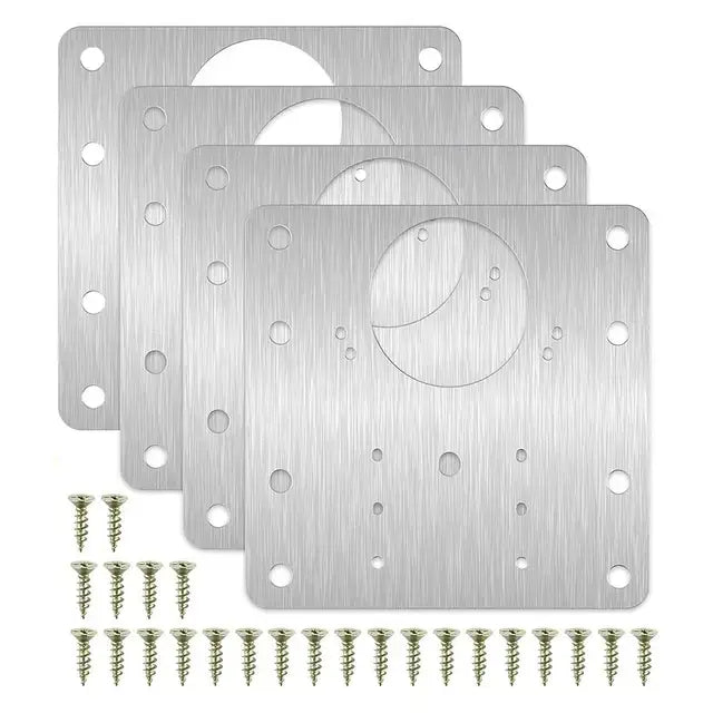 Metal hinge repair plate 90mm with circular cutouts and screws for woodworking applications