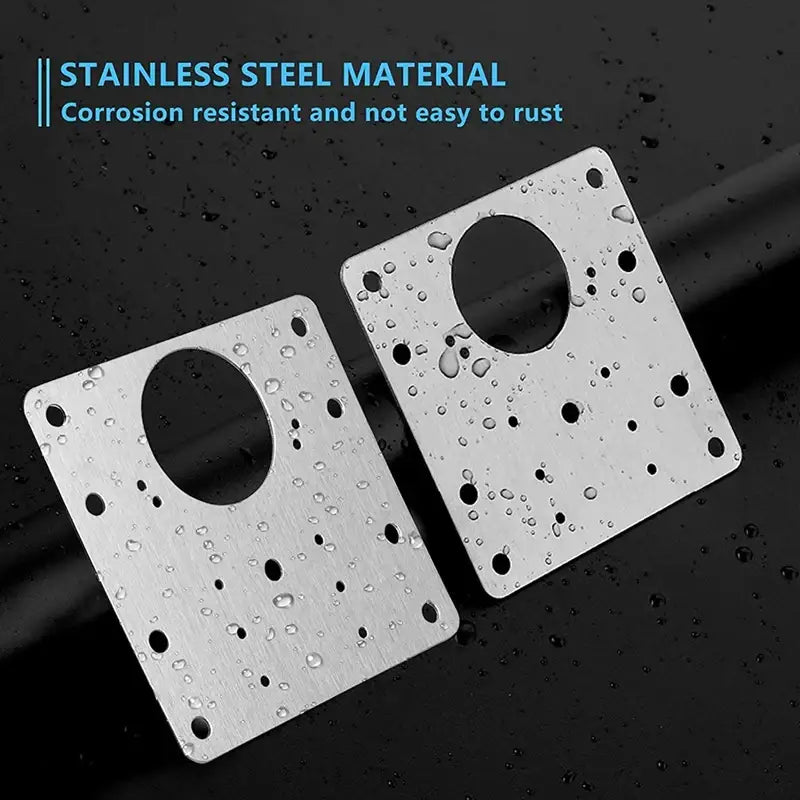 Two square stainless steel hinge repair plates 90mm with circular holes and water droplets