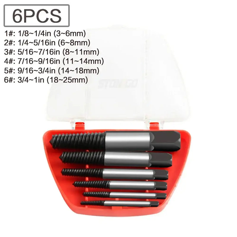 Set of six screw extractor bits in a red case from Stonego DIY Supplies