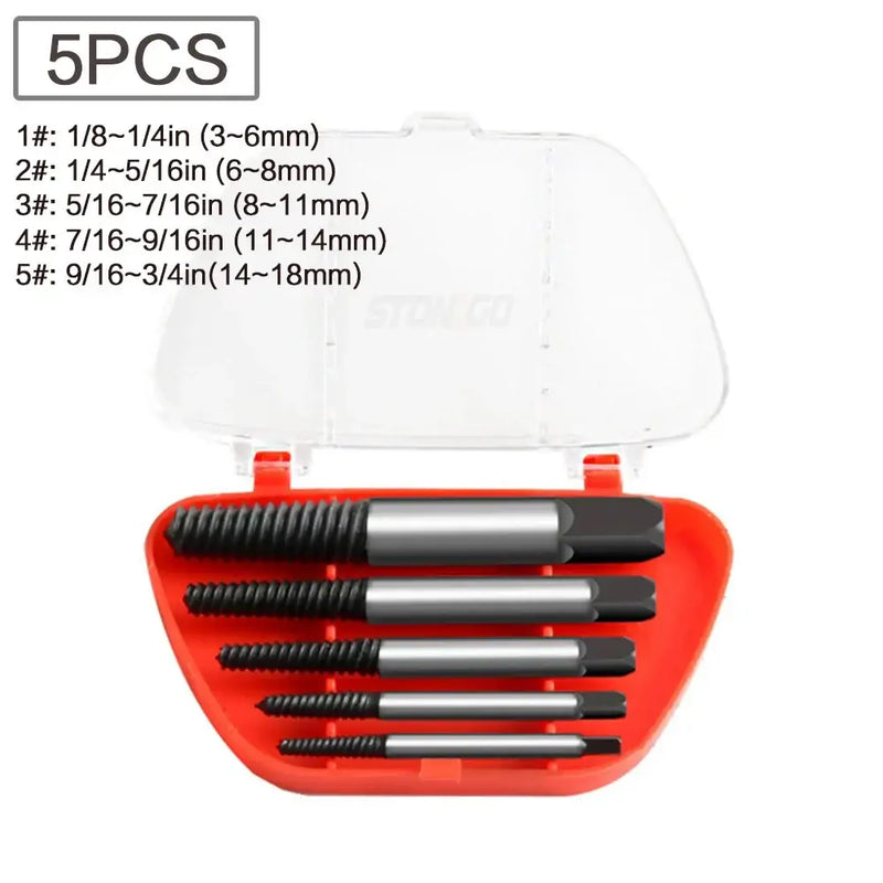 Set of five screw extractors in a red case, ideal for STONEGO DIY Supplies