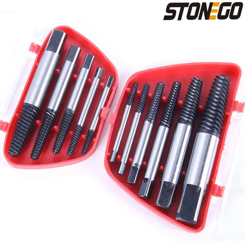 Set of screw extractors in a red plastic case from Stonego DIY Supplies for plumbing