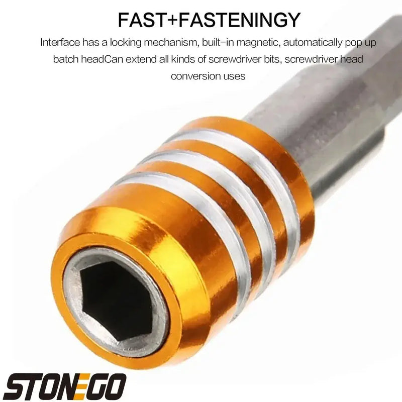 Magnetic screwdriver bit holder featuring gold and silver stripes from Stonego Quick Hex