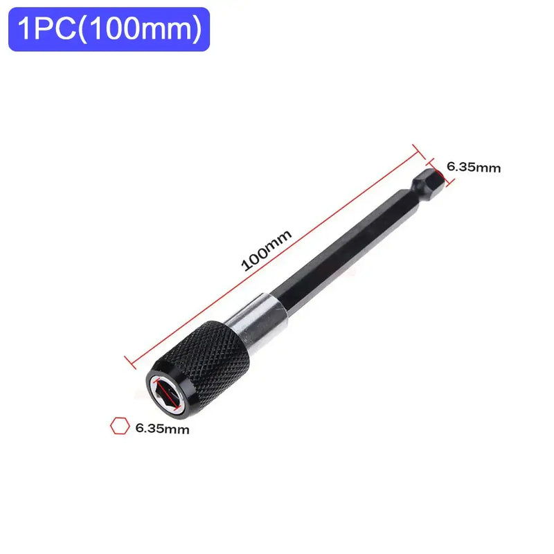 Magnetic bit holder for STONEGO Quick Hex Shank Tools with measurements displayed