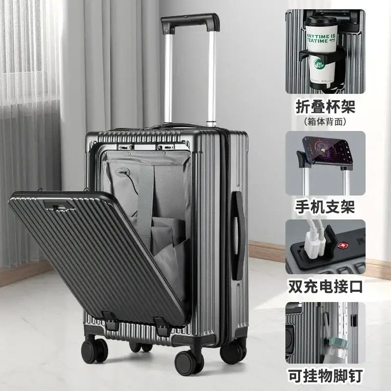 Sleek aluminum frame rolling luggage with front-opening compartment and built-in features