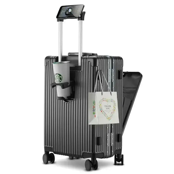 Elegant Multifunctional Rolling Luggage with Aluminum Frame and Cup Holder in Black