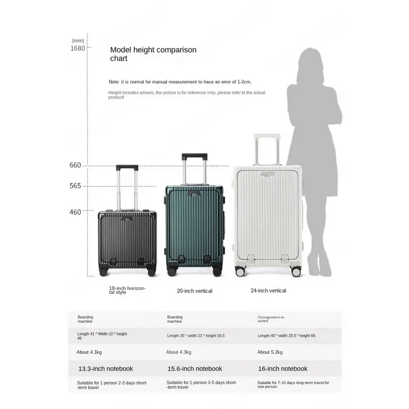 Model height comparison chart for Elegant Multifunctional Rolling Luggage with Aluminum Frame