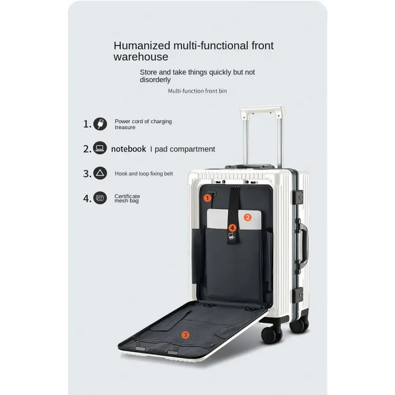 Elegant Multifunctional Rolling Luggage with Aluminum Frame and USB charging capabilities