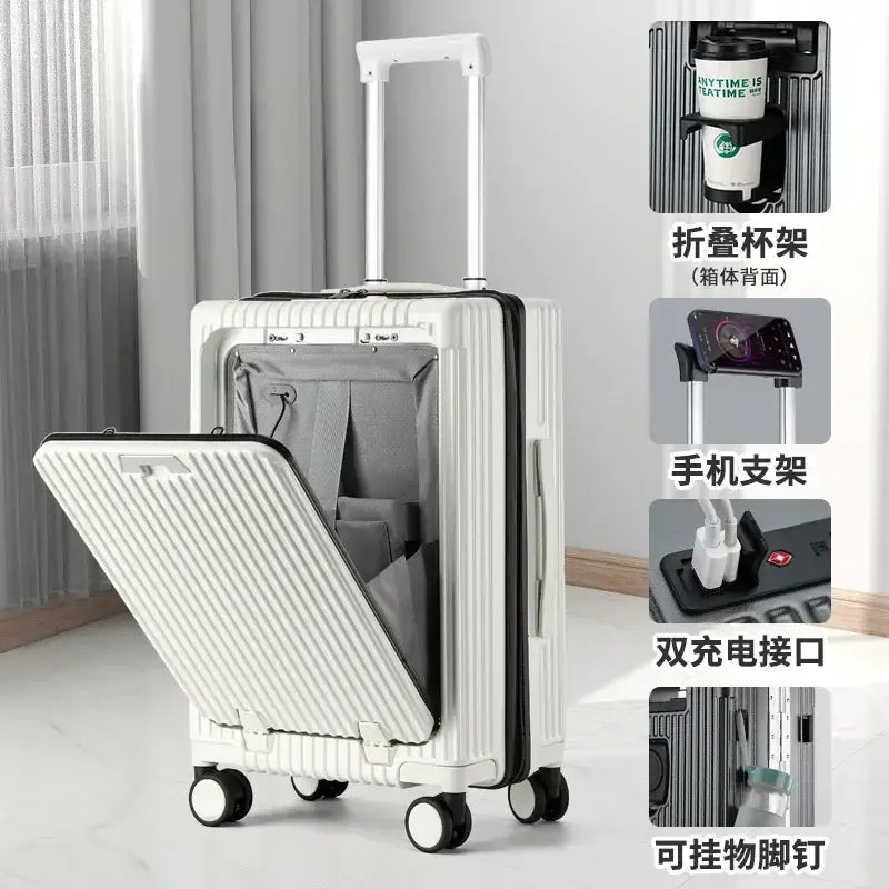 Sleek white aluminum frame rolling luggage with front-opening compartment and wheels