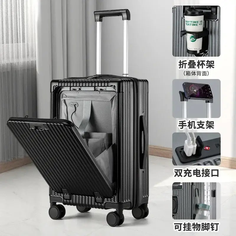 Sleek black aluminum frame rolling luggage featuring a front-opening compartment and cup holder