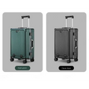 Hard-shell rolling luggage with vertical ridges, aluminum frame, in dark green and black