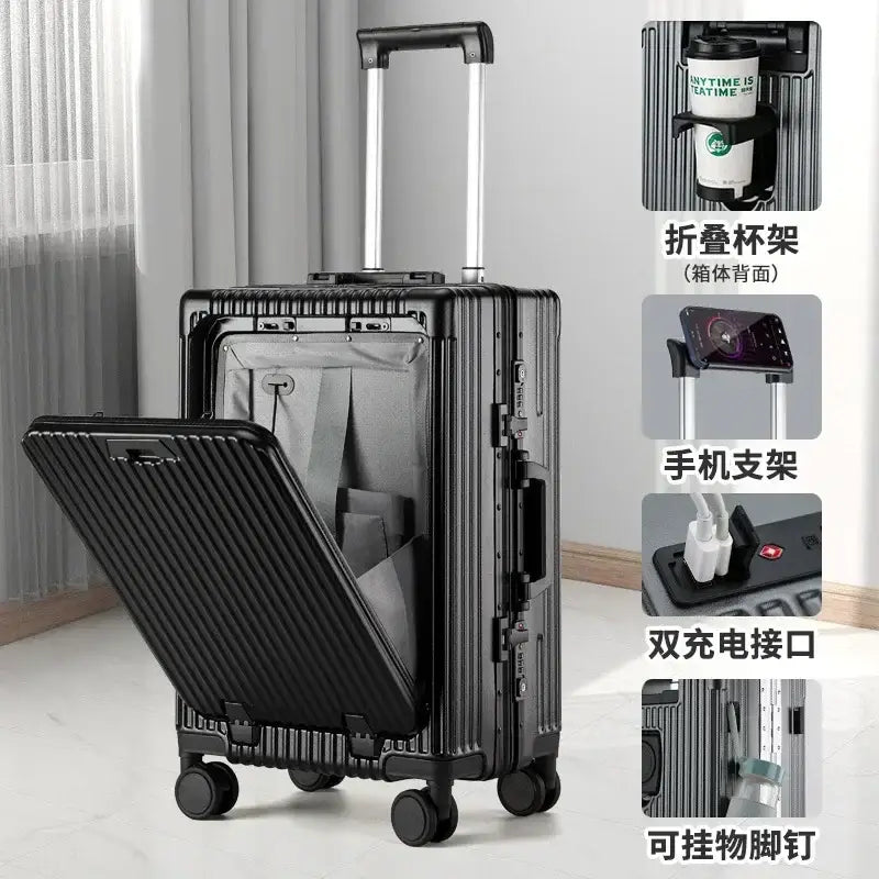 Sleek black aluminum frame rolling luggage with multiple compartments and cup holder